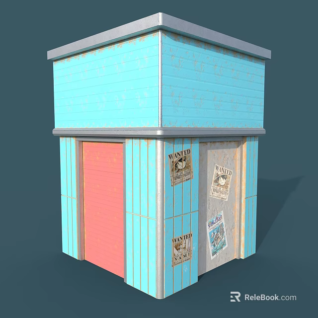Cartoon Scene Of Small Building With Blue Walls Red Door And Poster Decorations 3d model 