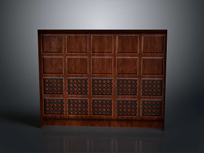 Dark Wood Paneled Cabinet With Carved Lattice Design And Storage Compartments 3d model
