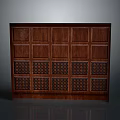 Dark Wood Paneled Cabinet With Carved Lattice Design And Storage Compartments