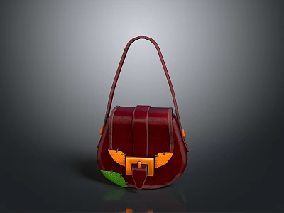 Stylish Dark Red Handbag With Yellow Accents Green Details And Buckle 3d model