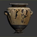 Brown And Black Pottery Vase With Ornate Swirl Patterns And Curved Handle