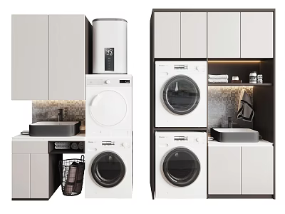 Modern Bathroom Cabinet Rack with Washing Machine Sink and Storage Cabinets 3d model