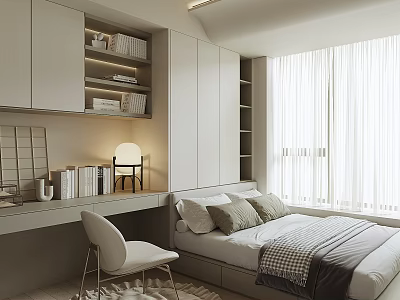 Modern Tatami Bedroom Interior Design With White Cabinets Bookshelves Desk And Chair 3d model