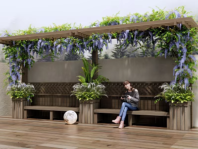 Lush Purple Vines Covering Wooden Pergola In Outdoor Relaxing Area With Bench And Greenery 3d model