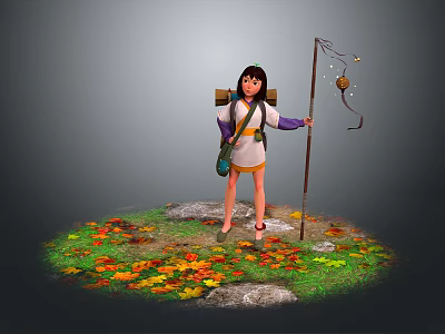 Traditional Household Supplies Featuring Wooden Carrying Frame Handheld Lantern And Autumn Leaves Setting 3d model