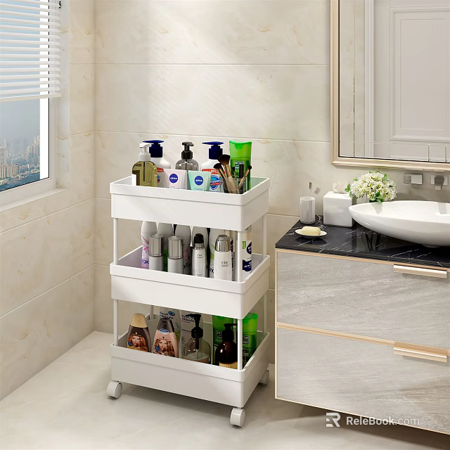White Three Tier Bathroom Cabinet Rack with Wheels for Storing Toiletries in Modern Bathroom 3d model 
