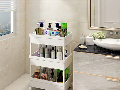 White Three Tier Bathroom Cabinet Rack with Wheels for Storing Toiletries in Modern Bathroom 3d model