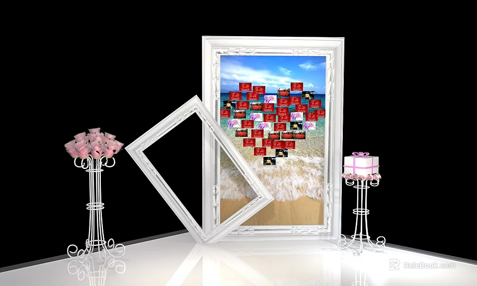 Decorative Scene With White Frame Beach Background Heart Shaped Blocks Pink Flowers And Gift Box 3d model 