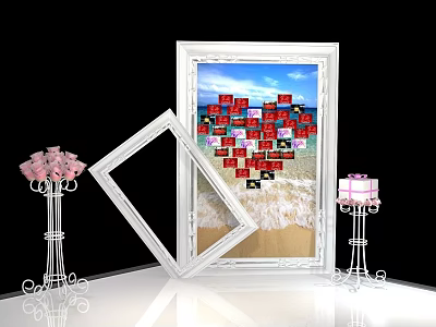 Decorative Scene With White Frame Beach Background Heart Shaped Blocks Pink Flowers And Gift Box 3d model