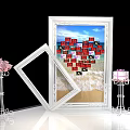 Decorative Scene With White Frame Beach Background Heart Shaped Blocks Pink Flowers And Gift Box