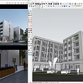 Modern Industrial Factory Building Exterior With Wide Roadway Parked Vehicles And Green Plants