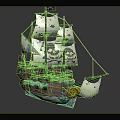 Pirate Ship With White Sails And Skull Jolly Roger Flags