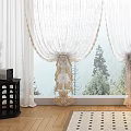 White Sheer Lace Curtains in Arched Window with Mountain View and Indoor Lamp Plant