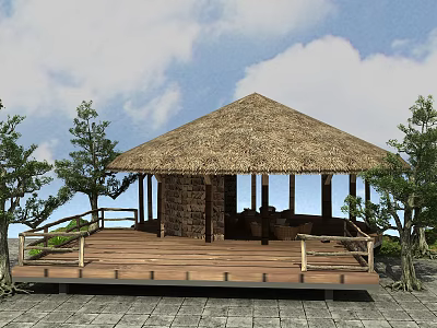 Rustic Thatched Roof Pavilion With Wooden Deck And Surrounding Trees 3d model