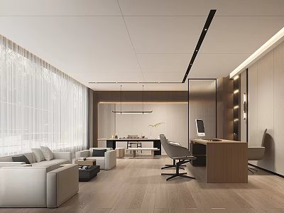 Modern Office Interior With Sofa Desk Computer Pendant Lights Large Windows And Wooden Flooring 3d model