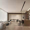 Modern Office Interior With Sofa Desk Computer Pendant Lights Large Windows And Wooden Flooring