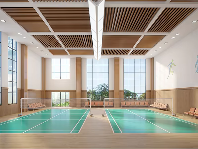 Indoor Badminton Courts Fitness Space With Green Surfaces Wooden Ceiling And Large Windows 3d model