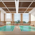 Indoor Badminton Courts Fitness Space With Green Surfaces Wooden Ceiling And Large Windows