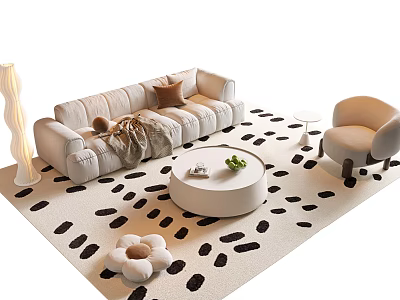 Modern Beige Sofa and Coffee Table Set with Round Table Patterned Rug and Accent Chair 3d model