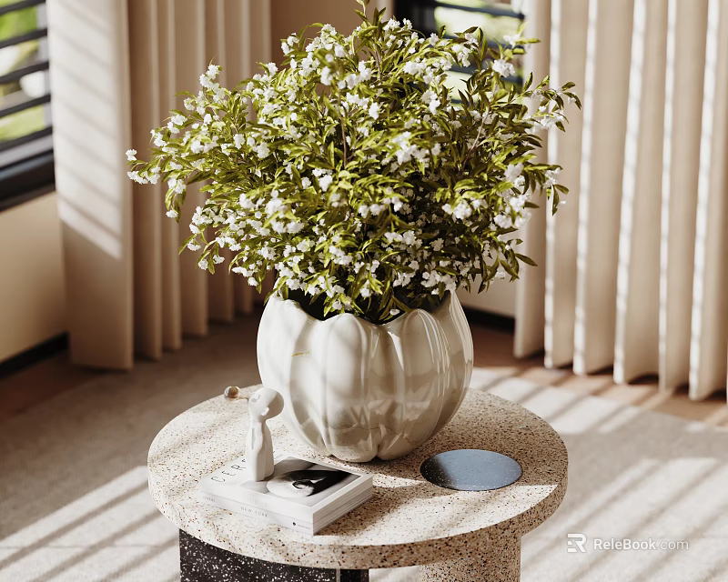 Decorative Ornament Set with Pumpkin Shaped Vase Green Plants White Flowers and Table Decor 3d model 
