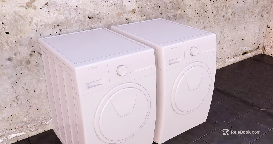 Two White Front Load Washing Machines in Laundry Room with Concrete Wall 3d model 