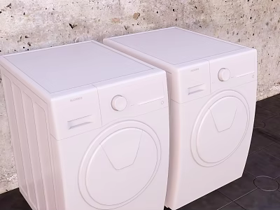 Two White Front Load Washing Machines in Laundry Room with Concrete Wall 3d model