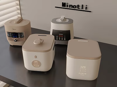 Beige And White Kitchen Appliances On Dark Countertop With Minotli Logo 3d model