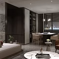 Modern Living and Dining Area Interior With Sofa Coffee Table Marble Wall And Circular Decor