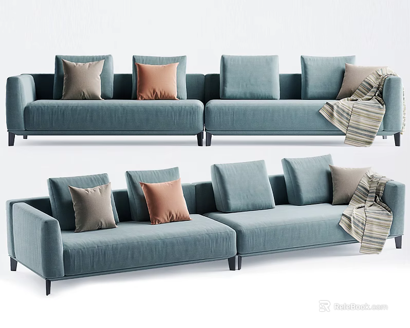 Light Blue Modern Sectional Sofa with Decorative Pillows and Throw Blanket 3d model