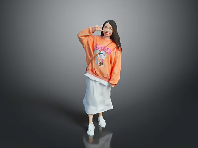 Woman In Orange Sweatshirt With Cartoon Graphic White Skirt Making Heart Gesture On Gray Background 3d model