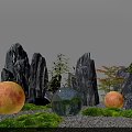 Karesansui Dry Landscape Design With Rock Formations Moss Gravel And Spherical Lamps