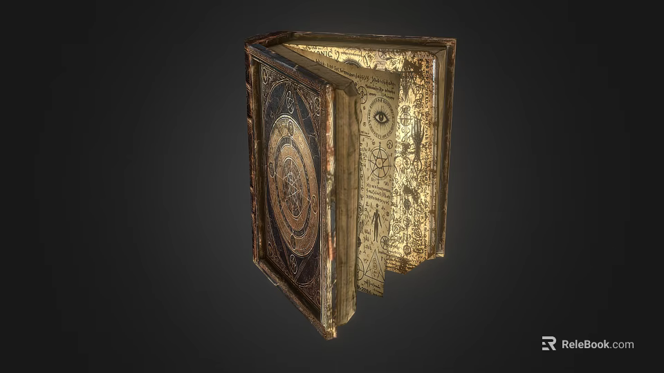 Ancient Open Book With Intricate Cover Patterns Circular Design Hand Drawn Eye And Text 3d model 