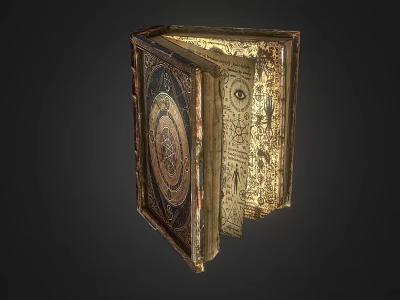 Ancient Open Book With Intricate Cover Patterns Circular Design Hand Drawn Eye And Text 3d model