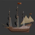 Elegant Wooden Sailing Ship With Multiple White Sails Red Flags And Intricate Structure