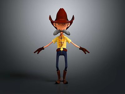 Cartoon Cowboy Character With Red Cowboy Hat Yellow Shirt Blue Pants Brown Boots And Mustache 3d model