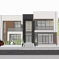 Modern Two Story Detached Villa White Exterior Black Frames Glass Balcony Palm Trees Red Car