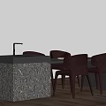 Stylish Modern Kitchen Interior With Patterned Island Counter And Brown Dining Chairs 3d model