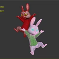 Two Happy Cute Rabbits Jumping In Red And Green Sweaters With Smiling Faces