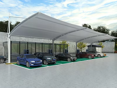 Covered Parking Lot With White Canopy Green Spaces And Parked Cars 3d model