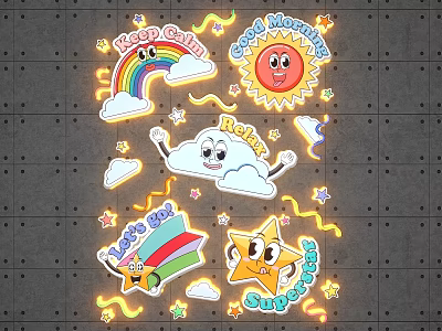 Cartoon Style Neon Decor Photo Check in Spot With Rainbow Sun Clouds And Stars 3d model