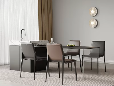 Modern Open Kitchen Interior Design With Marble Island Counter And Dining Chairs 3d model