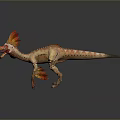 3D Rendered Dinosaur Model with Red Yellow Feathers Head Crest Open Mouth and Sharp Claws