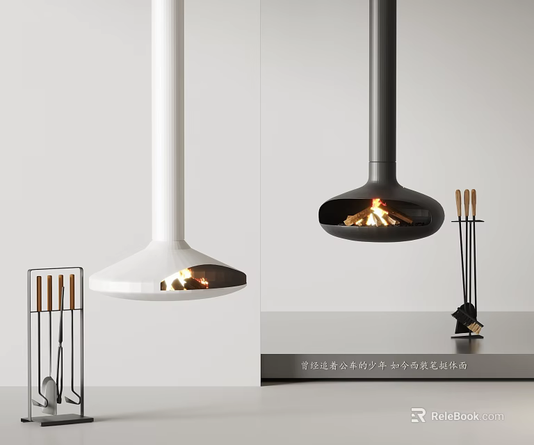 White And Black Modern Fireplace Interior With Burning Fire And Tools 3d model