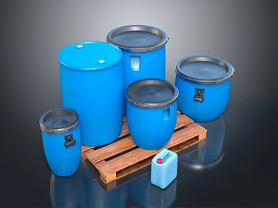Blue Storage Drums In Various Sizes Placed On Wooden Pallet With Small Container 3d model
