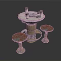 Vintage Furniture Set Round Table With Textured Cylindrical Base And Rustic Red Stools