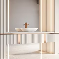Elegant Modern Bathroom Vanity With White Cabinets Gold Accents Open Shelves And Mirror
