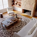 Cozy Living Room Interior With Wooden Beams Stone Fireplace Shelves And White Furniture