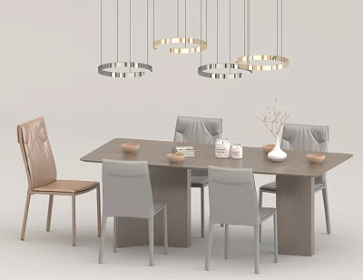 Dining Table Set with Chairs Hanging Pendant Lights and Decorative Bowls Vase 3d model