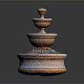 Three Tiered Decorative Fountain With Orange And White Carved Stone Design