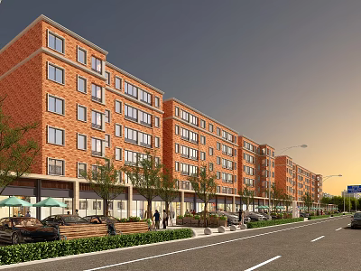 Red Brick Commercial Street View With Multi Storey Buildings Pedestrians Vehicles And Greenery 3d model